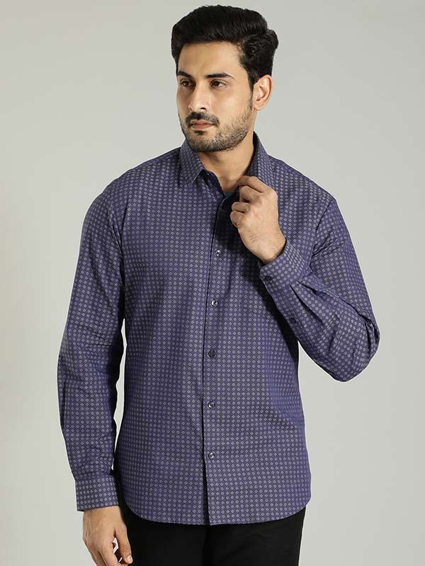 Indian Terrain Men's Slim Fit Full Sleeve All Over Print Navy Shirt